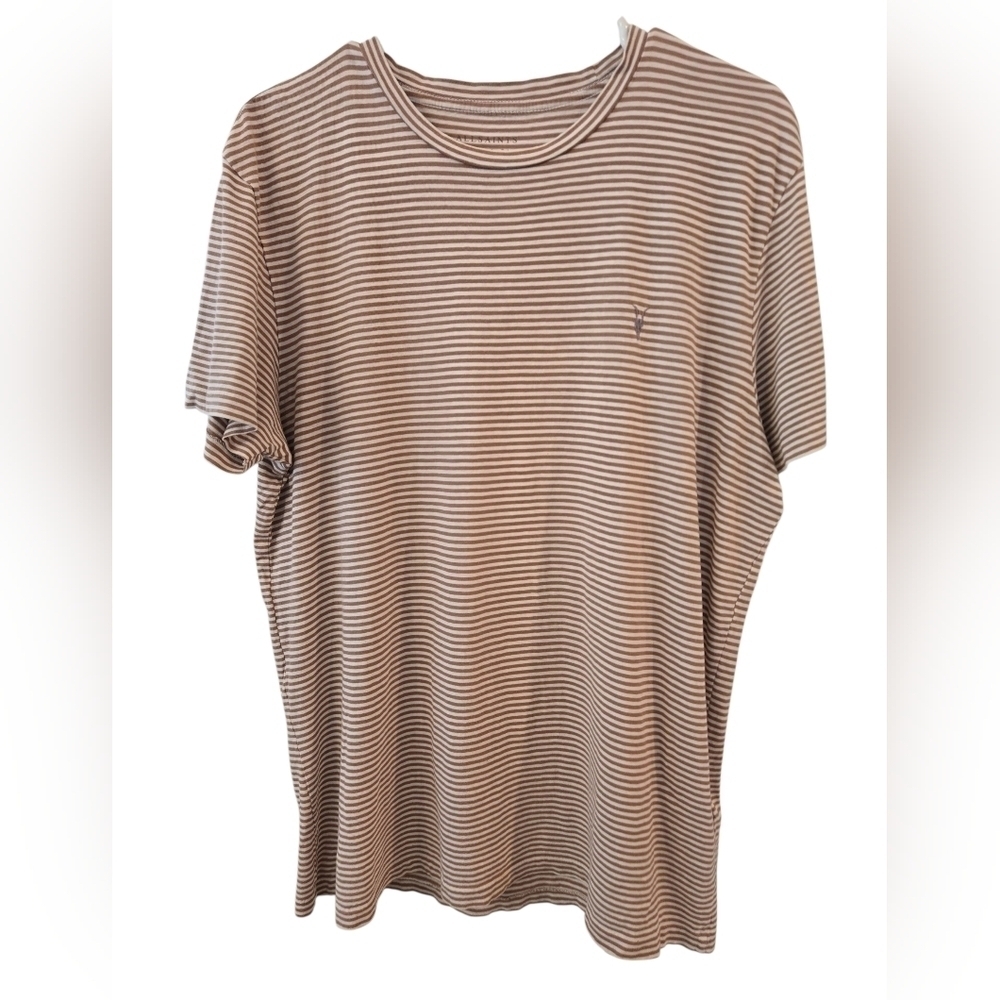 ALLSAINTS TONIC ROKU SS CREW T-SHIRT. SIZE X-LARGE. STRIPED. BROWN/CREAM.